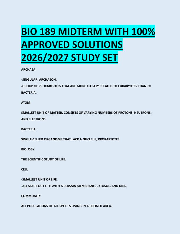 BIO 189 MIDTERM WITH 100%  APPROVED SOLUTIONS  2026/2027 STUDY SET 