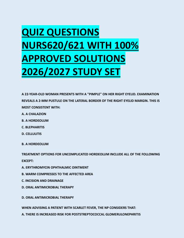 QUIZ QUESTIONS  NURS620/621 WITH 100%  APPROVED SOLUTIONS  2026/2027 STUDY SET 