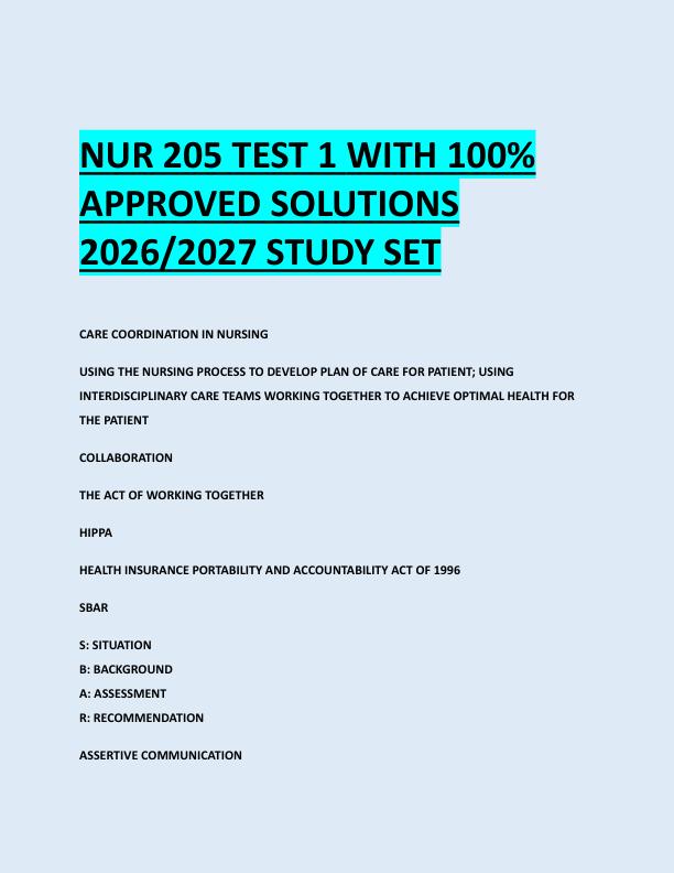 NUR 205 TEST 1 WITH 100%  APPROVED SOLUTIONS  2026/2027 STUDY SET 
