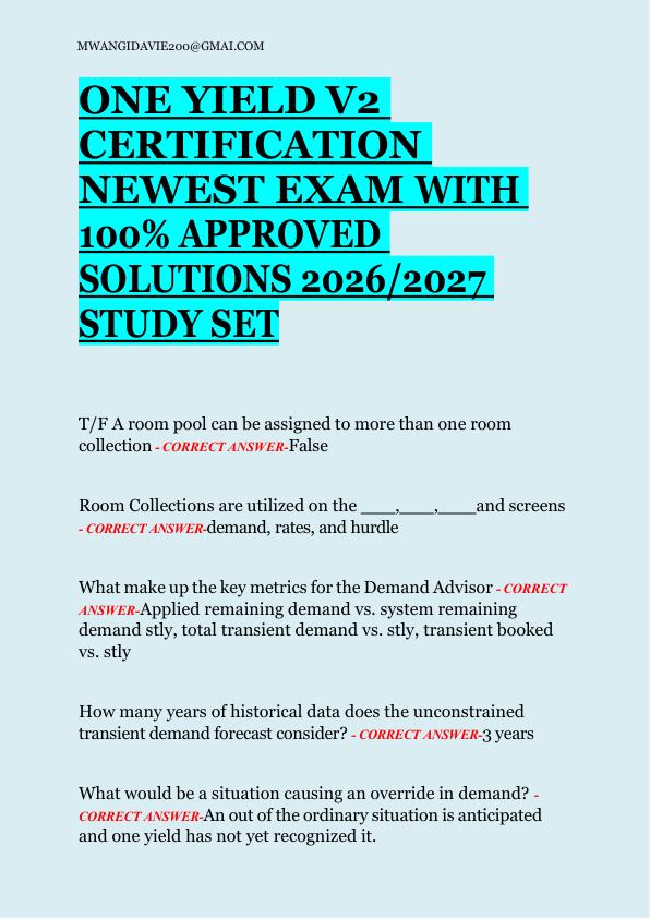 ONE YIELD V2  CERTIFICATION  NEWEST EXAM WITH  100% APPROVED  SOLUTIONS 2026/2027  STUDY SET 