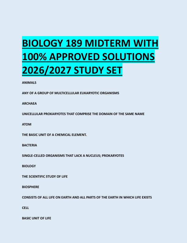 BIOLOGY 189 MIDTERM WITH  100% APPROVED SOLUTIONS  2026/2027 STUDY SET 