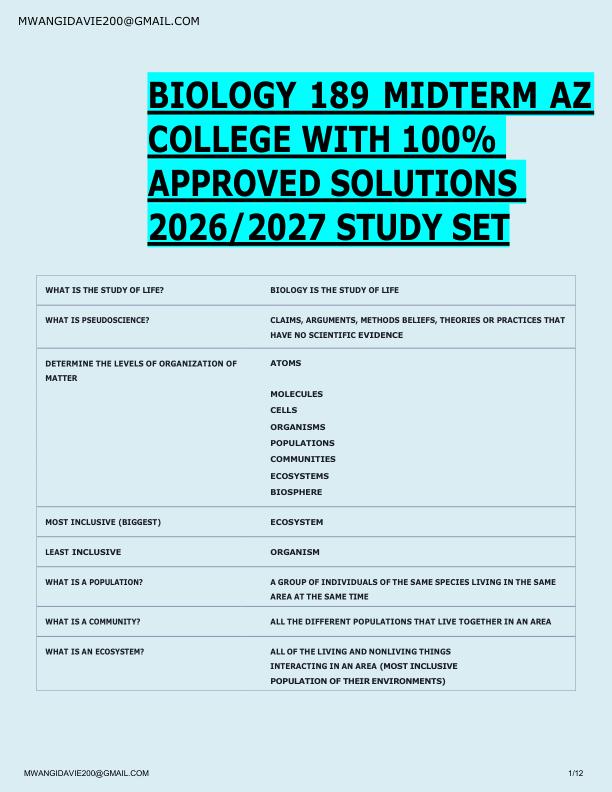 BIOLOGY 189 MIDTERM AZ  COLLEGE WITH 100%  APPROVED SOLUTIONS  2026/2027 STUDY SET