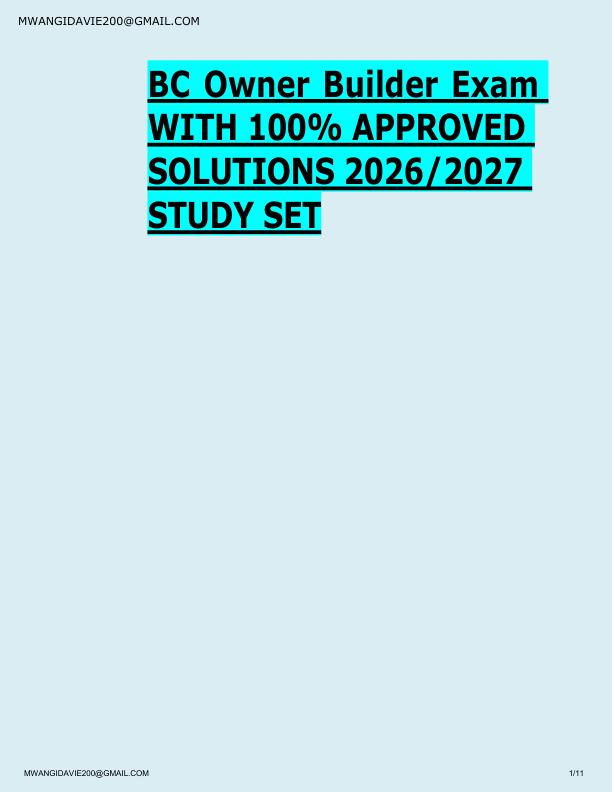 BC Owner Builder Exam  WITH 100% APPROVED  SOLUTIONS 2026/2027  STUDY SET 