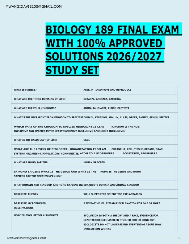 BIOLOGY 189 FINAL EXAM  WITH 100% APPROVED  SOLUTIONS 2026/2027  STUDY SET