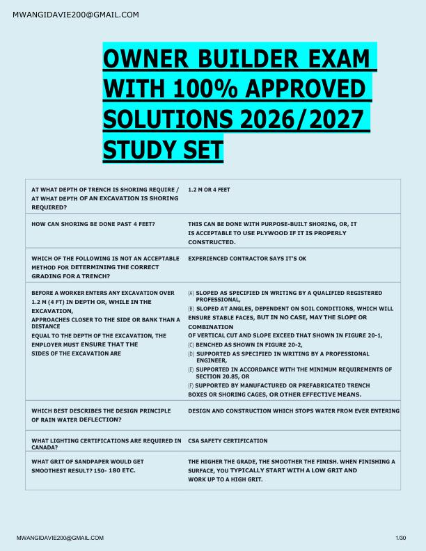 OWNER BUILDER EXAM  WITH 100% APPROVED  SOLUTIONS 2026/2027  STUDY SET