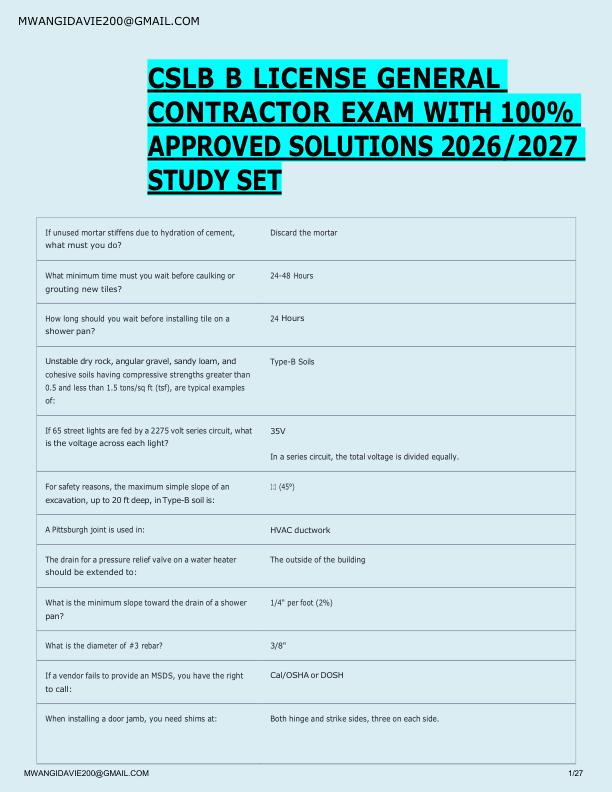 CSLB B LICENSE GENERAL  CONTRACTOR EXAM WITH 100%  APPROVED SOLUTIONS 2026/2027  STUDY SET 