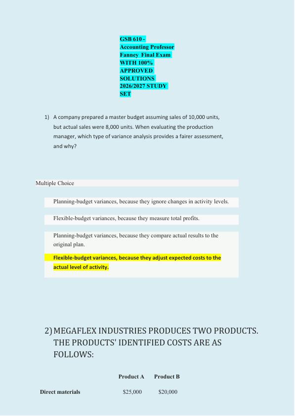 GSB 610 -  Accounting Professor  Fanney Final Exam  WITH 100%  APPROVED  SOLUTIONS  2026/2027 STUDY  SET 