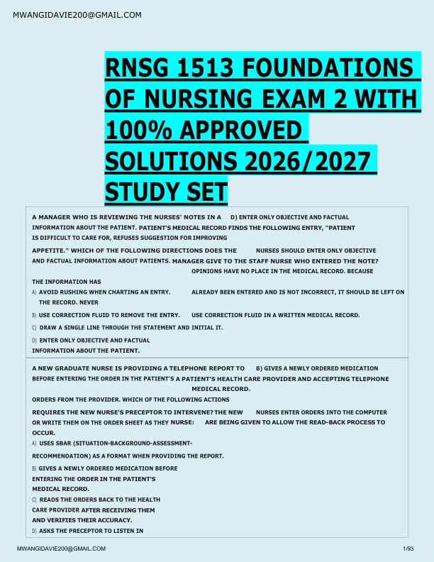 RNSG 1513 FOUNDATIONS  OF NURSING EXAM 2 WITH  100% APPROVED  SOLUTIONS 2026/2027  STUDY SET