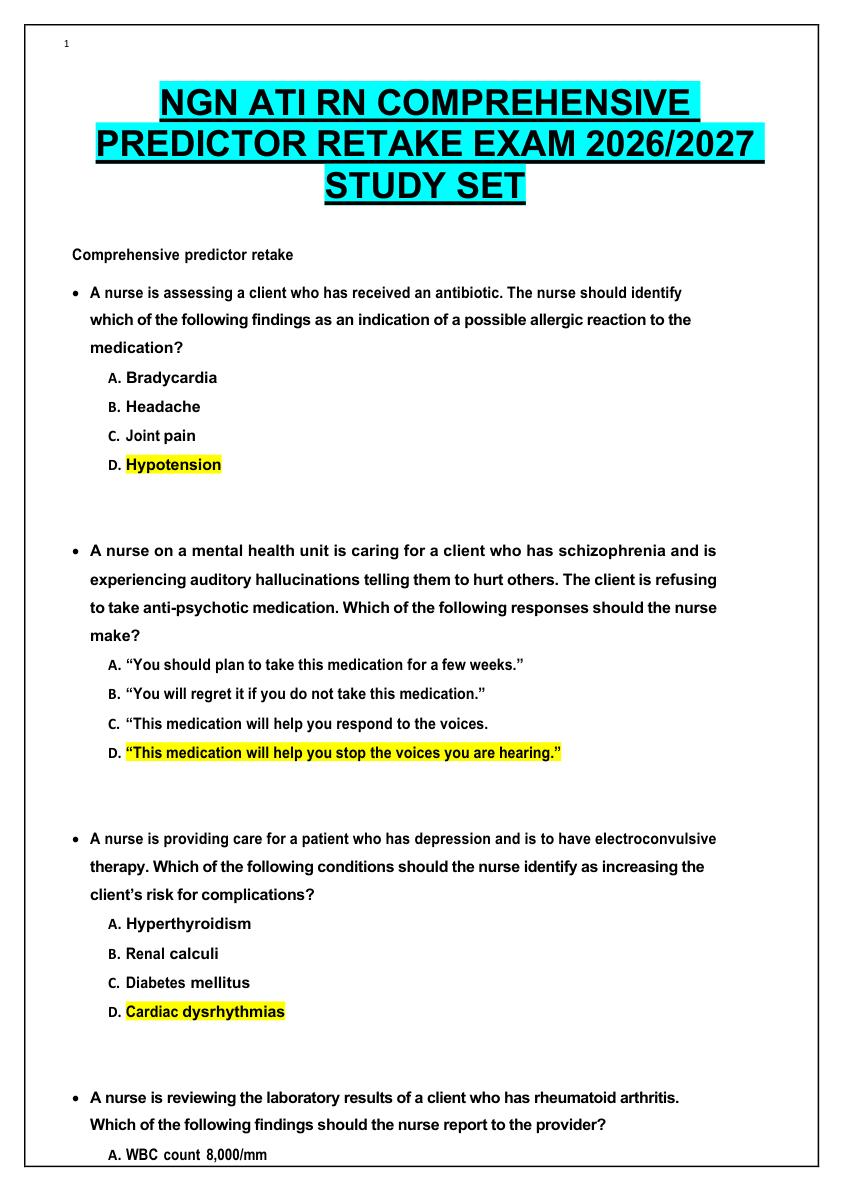 NGN ATI RN COMPREHENSIVE  PREDICTOR RETAKE EXAM 2026/2027  STUDY SET