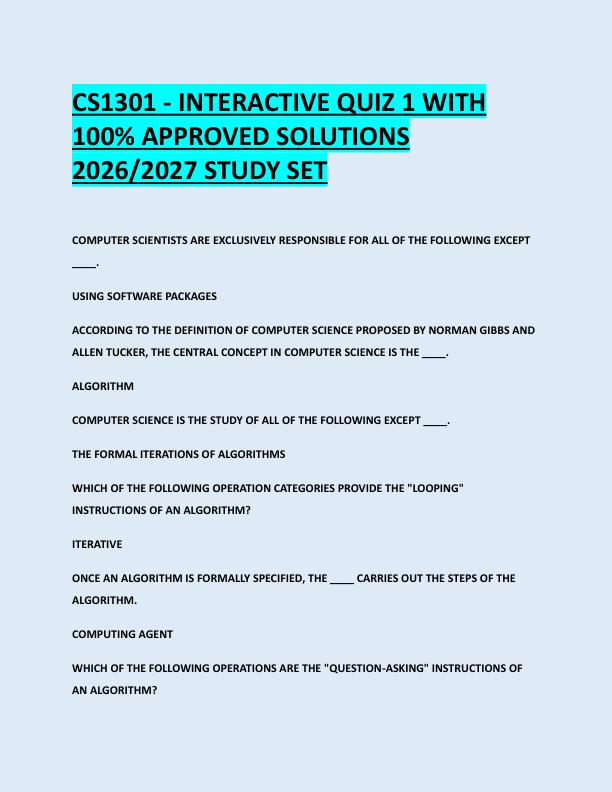 CS1301 - INTERACTIVE QUIZ 1 WITH  100% APPROVED SOLUTIONS  2026/2027 STUDY SET CS1301 - INTERACTIVE QUIZ 1 WITH  100% APPROVED SOLUTIONS  2026/2027 STUDY SET 