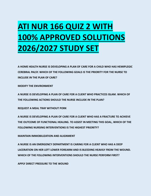 ATI NUR 166 QUIZ 2 WITH  100% APPROVED SOLUTIONS  2026/2027 STUDY SET 
