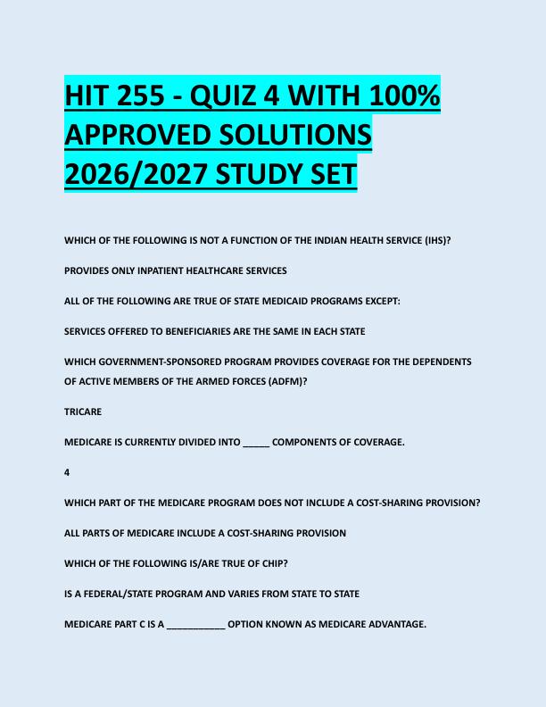 HIT 255 - QUIZ 4 WITH 100%  APPROVED SOLUTIONS  2026/2027 STUDY SET 