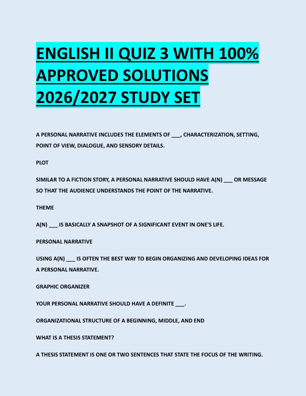 ENGLISH II QUIZ 3 WITH 100%  APPROVED SOLUTIONS  2026/2027 STUDY SET 