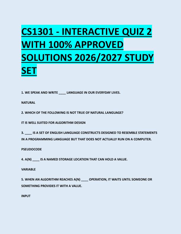 CS1301 - INTERACTIVE QUIZ 2  WITH 100% APPROVED  SOLUTIONS 2026/2027 STUDY  SET 