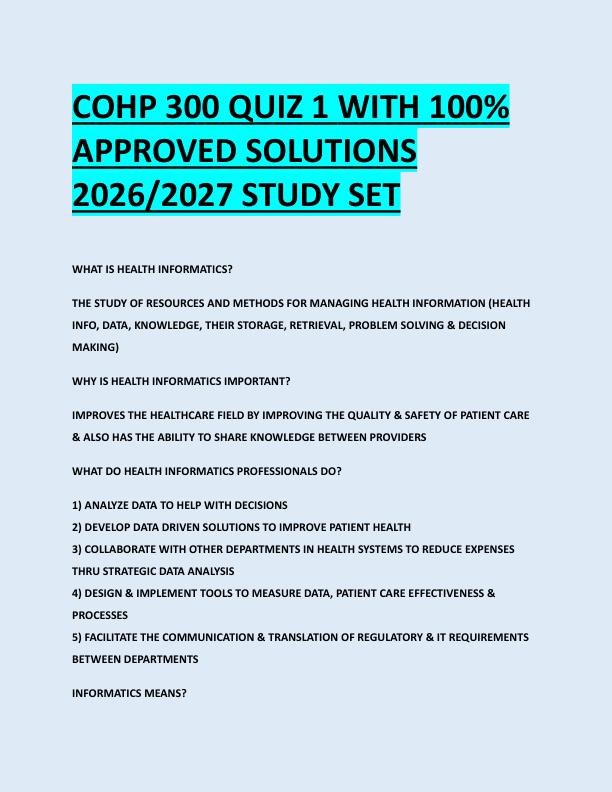 COHP 300 QUIZ 1 WITH 100%  APPROVED SOLUTIONS  2026/2027 STUDY SET 