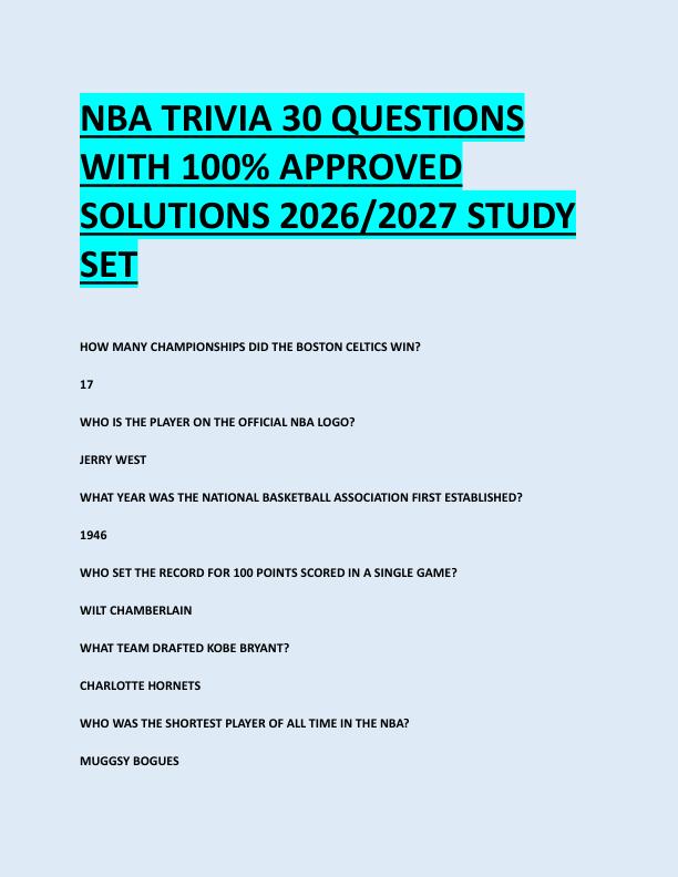 NBA TRIVIA 30 QUESTIONS  WITH 100% APPROVED  SOLUTIONS 2026/2027 STUDY  SET 