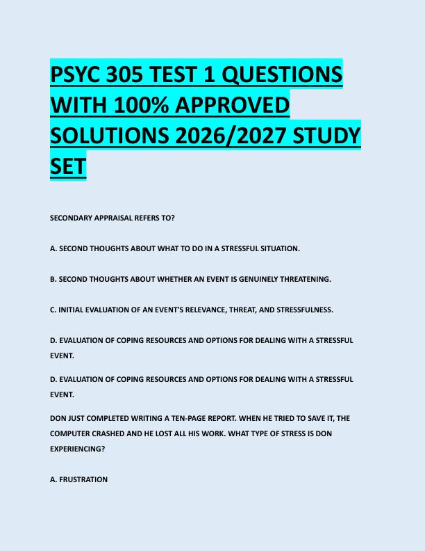 PSYC 305 TEST 1 QUESTIONS  WITH 100% APPROVED  SOLUTIONS 2026/2027 STUDY  SET 