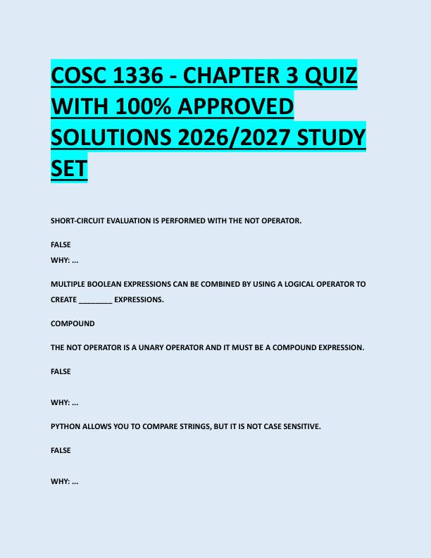 COSC 1336 - CHAPTER 3 QUIZ  WITH 100% APPROVED  SOLUTIONS 2026/2027 STUDY  SET 