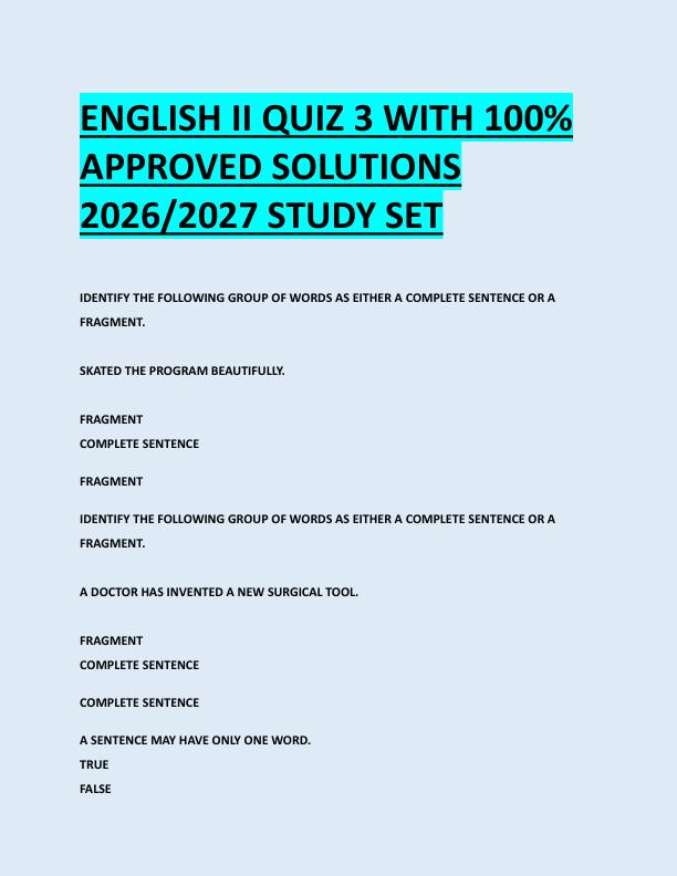 ENGLISH II QUIZ 3 WITH 100%  APPROVED SOLUTIONS  2026/2027 STUDY SET 