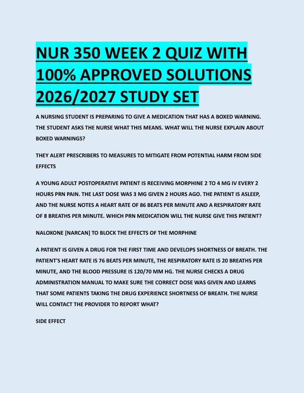 NUR 350 WEEK 2 QUIZ WITH  100% APPROVED SOLUTIONS  2026/2027 STUDY SET 