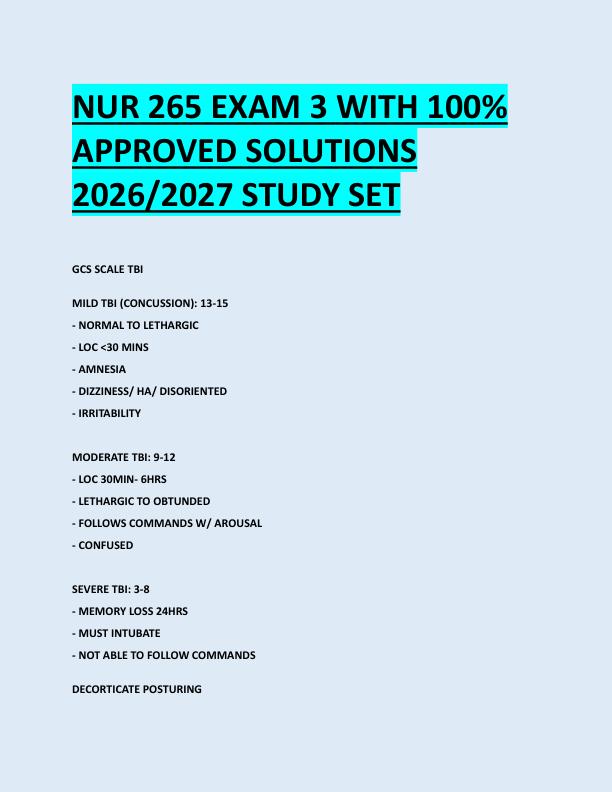 NUR 265 EXAM 3 WITH 100%  APPROVED SOLUTIONS  2026/2027 STUDY SET 