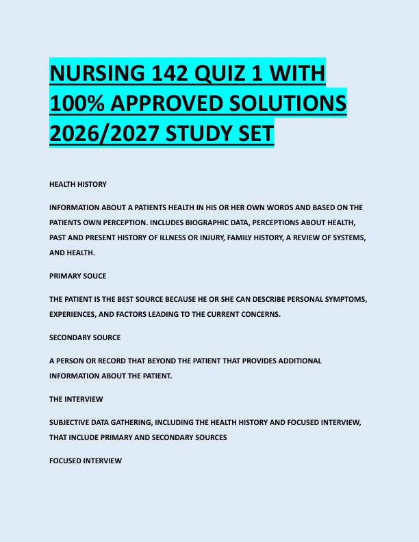 NURSING 142 QUIZ 1 WITH  100% APPROVED SOLUTIONS  2026/2027 STUDY SET 