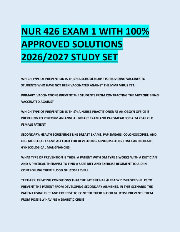NUR 426 EXAM 1 WITH 100%  APPROVED SOLUTIONS  2026/2027 STUDY SET 