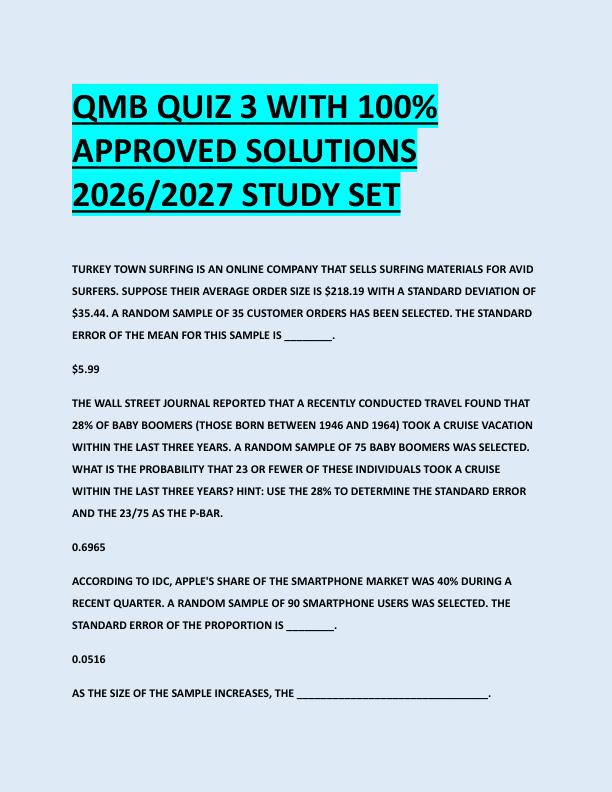 QMB QUIZ 3 WITH 100%  APPROVED SOLUTIONS  2026/2027 STUDY SET 