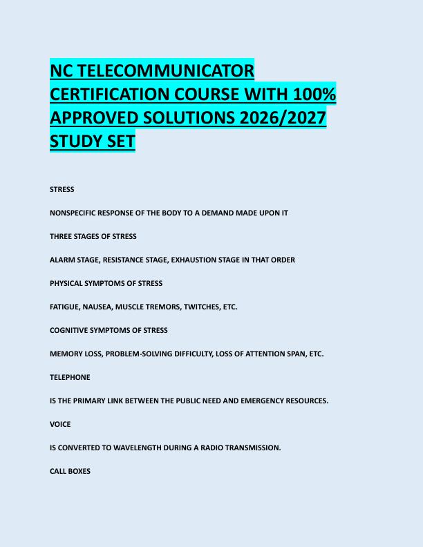 NC TELECOMMUNICATOR  CERTIFICATION COURSE WITH 100%  APPROVED SOLUTIONS 2026/2027  STUDY SET 
