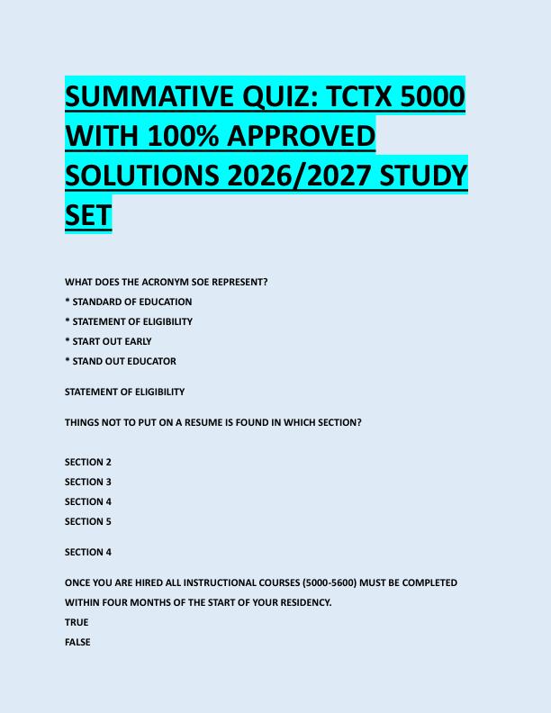 SUMMATIVE QUIZ: TCTX 5000  WITH 100% APPROVED  SOLUTIONS 2026/2027 STUDY  SET 