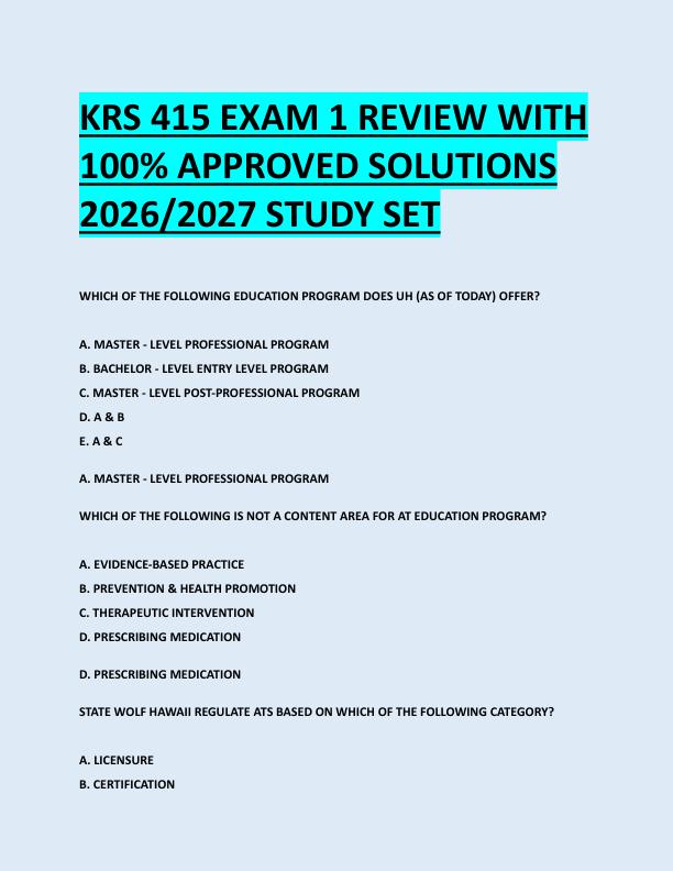KRS 415 EXAM 1 REVIEW WITH  100% APPROVED SOLUTIONS  2026/2027 STUDY SET 