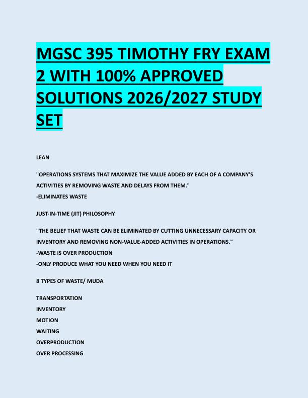MGSC 395 TIMOTHY FRY EXAM  2 WITH 100% APPROVED  SOLUTIONS 2026/2027 STUDY  SET 