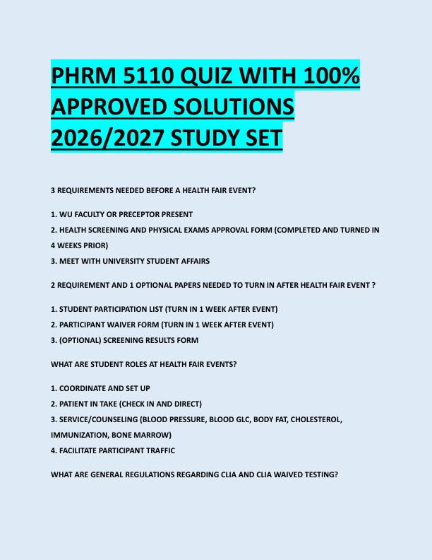 PHRM 5110 QUIZ WITH 100%  APPROVED SOLUTIONS  2026/2027 STUDY SET 