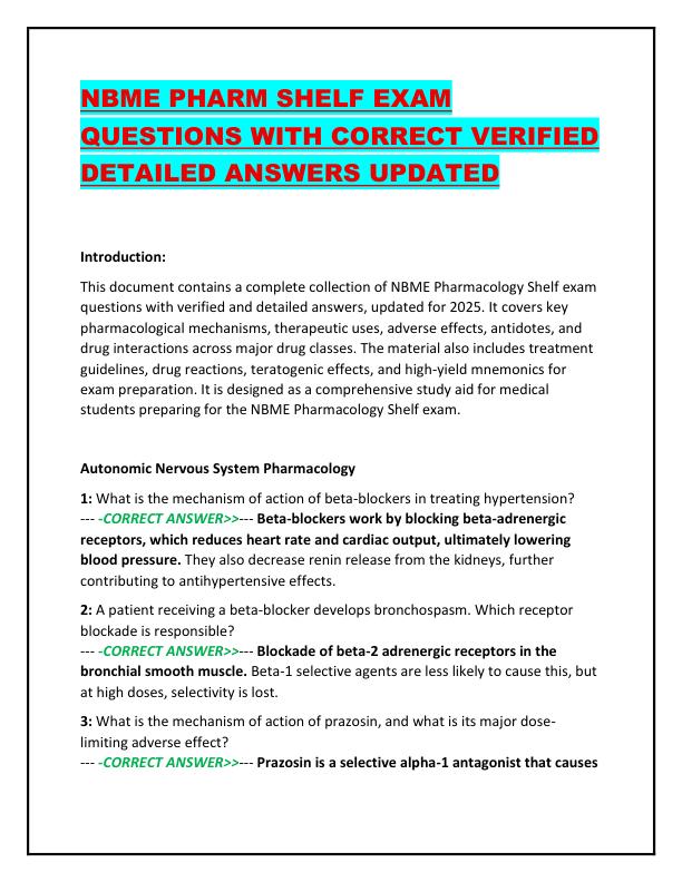 NBME PHARM SHELF EXAM QUESTIONS WITH CORRECT VERIFIED DETAILED ANSWERS UPDATED