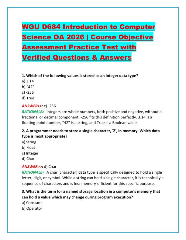 WGU D684 Introduction to Computer Science OA 2026