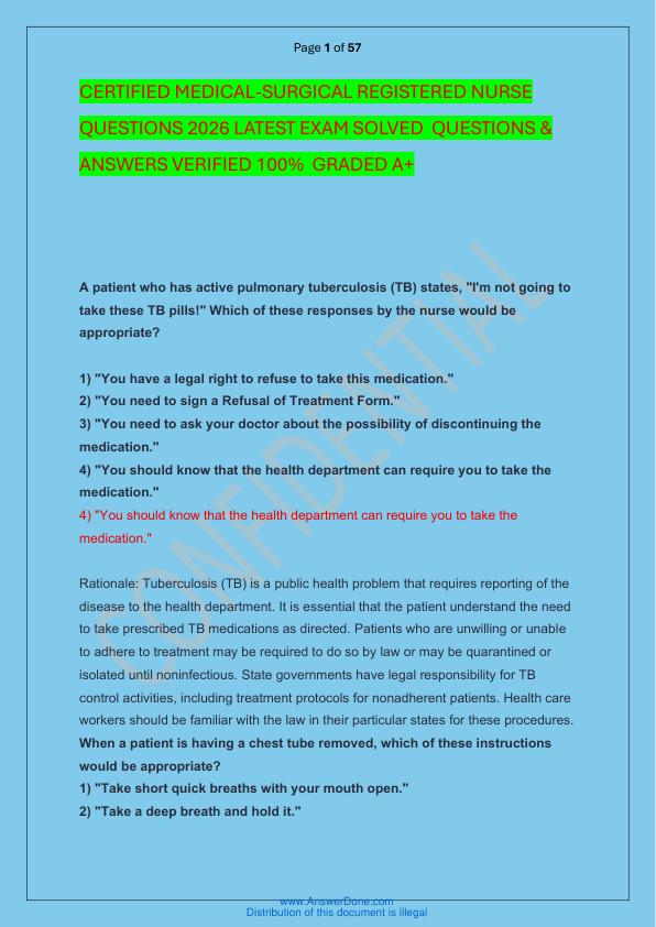 CERTIFIED MEDICAL-SURGICAL REGISTERED NURSE QUESTIONS 2026 LATEST EXAM SOLVED  QUESTIONS & ANSWERS VERIFIED 100%  GRADED A+