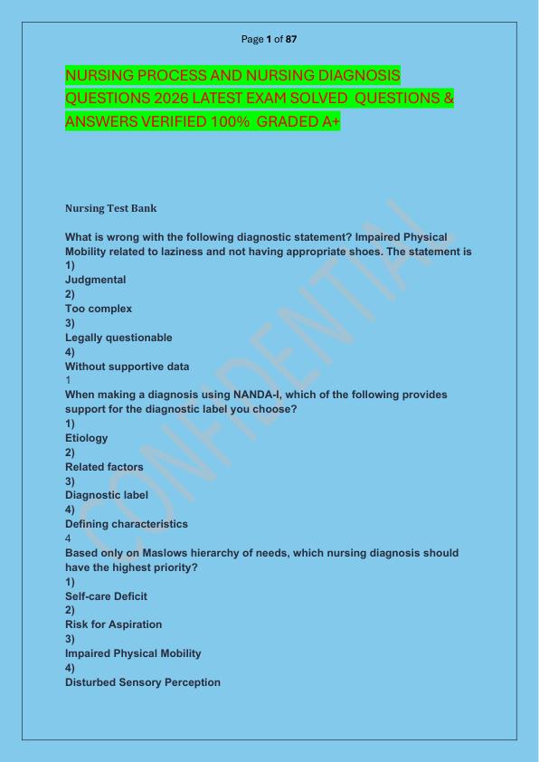 NURSING PROCESS AND NURSING DIAGNOSIS QUESTIONS 2026 LATEST EXAM SOLVED  QUESTIONS & ANSWERS VERIFIED 100%  GRADED A+