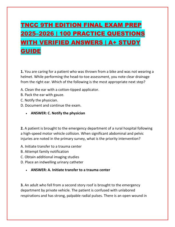 TNCC 9TH EDITION FINAL EXAM PREP 2025