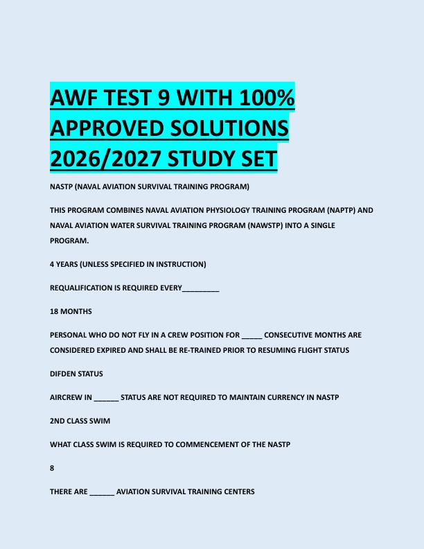 AWF TEST 9 WITH 100%  APPROVED SOLUTIONS  2026/2027 STUDY SET 