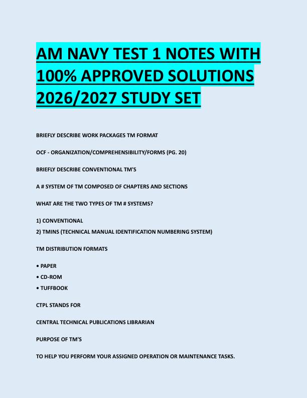AM NAVY TEST 1 NOTES WITH  100% APPROVED SOLUTIONS  2026/2027 STUDY SET 