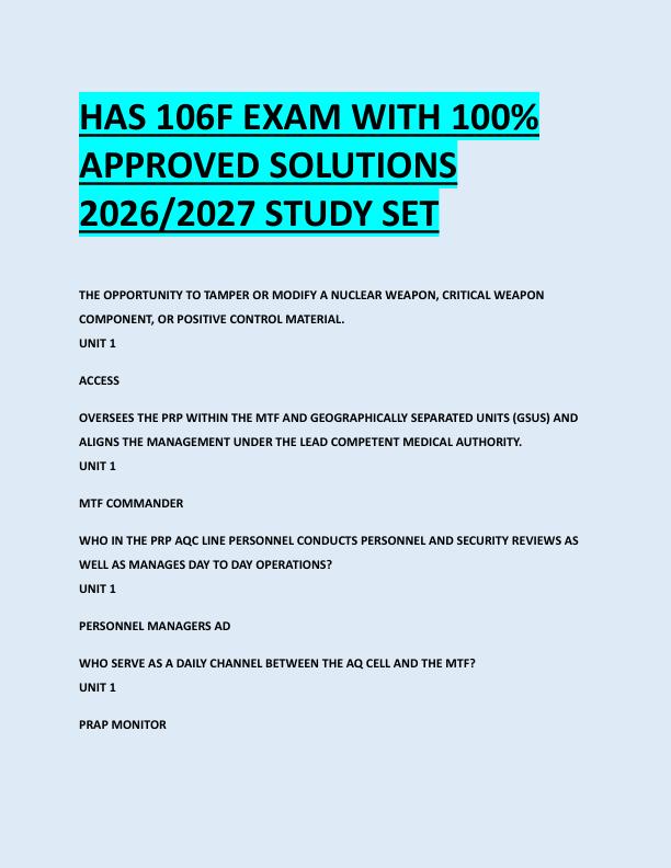 HAS 106F EXAM WITH 100%  APPROVED SOLUTIONS  2026/2027 STUDY SET 