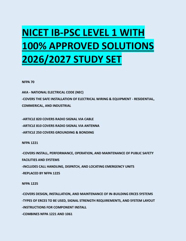 NICET IB-PSC LEVEL 1 WITH  100% APPROVED SOLUTIONS  2026/2027 STUDY SET 