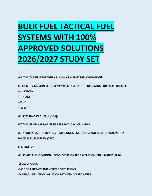 BULK FUEL TACTICAL FUEL  SYSTEMS WITH 100%  APPROVED SOLUTIONS  2026/2027 STUDY SET 