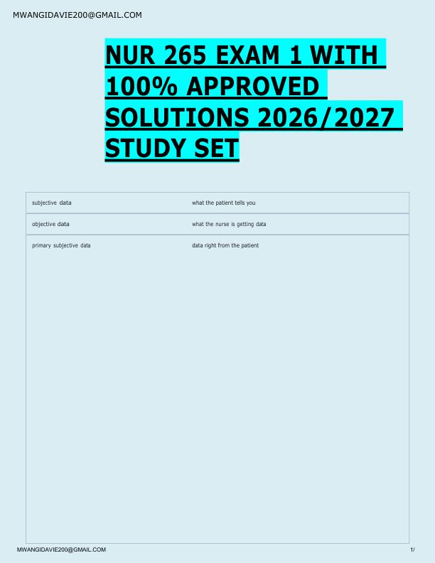 NUR 265 EXAM 1 WITH  100% APPROVED  SOLUTIONS 2026/2027  STUDY SET 