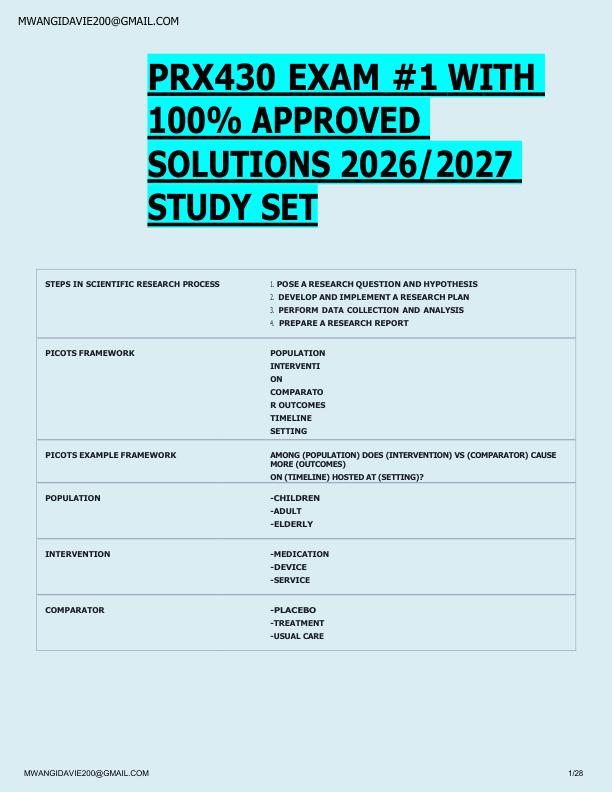 PRX430 EXAM #1 WITH  100% APPROVED  SOLUTIONS 2026/2027  STUDY SET 