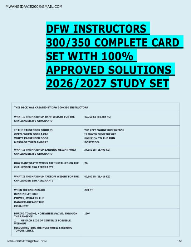  DFW INSTRUCTORS  300/350 COMPLETE CARD  SET WITH 100%  APPROVED SOLUTIONS  2026/2027 STUDY SET 