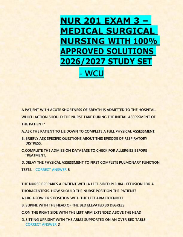NUR 201 EXAM 3 –  MEDICAL SURGICAL  NURSING WITH 100%  APPROVED SOLUTIONS  2026/2027 STUDY SET - WCU 