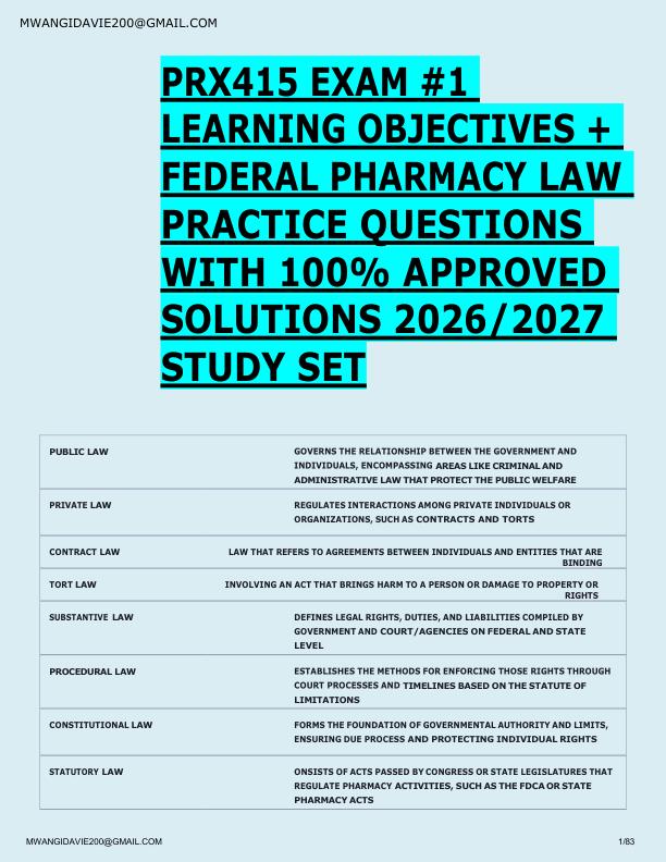 PRX415 EXAM #1  LEARNING OBJECTIVES +  FEDERAL PHARMACY LAW  PRACTICE QUESTIONS  WITH 100% APPROVED  SOLUTIONS 2026/2027  STUDY SET 