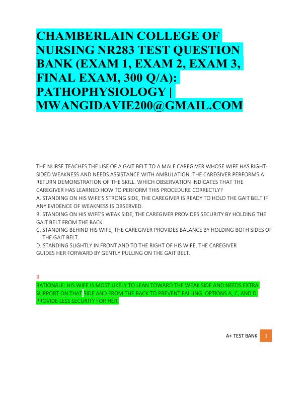 mobile-preview-CHAMBERLAIN COLLEGE OF  NURSING NR283 TEST QUESTION  BANK (EXAM 1, EXAM 2, EXAM 3,  FINAL EXAM, 300 Q/A):  PATHOPHYSIOLOGY