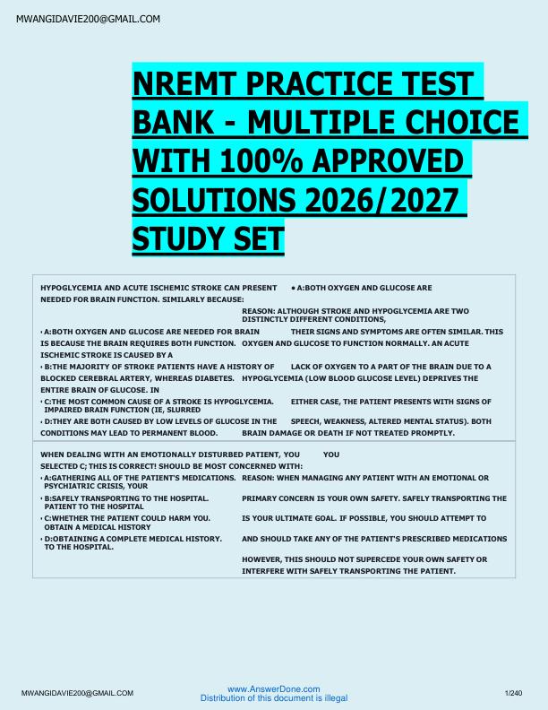 NREMT PRACTICE TEST  BANK - MULTIPLE CHOICE  WITH 100% APPROVED  SOLUTIONS 2026/2027  STUDY SET 